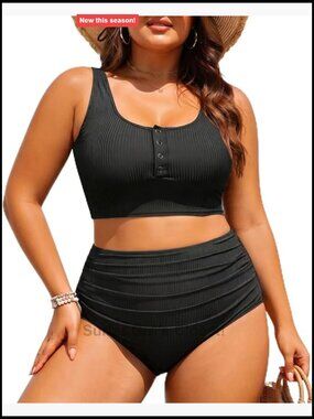 Plus Size High Waisted Bikini Set Tummy Control Ribbed Two Piece Swimsuit